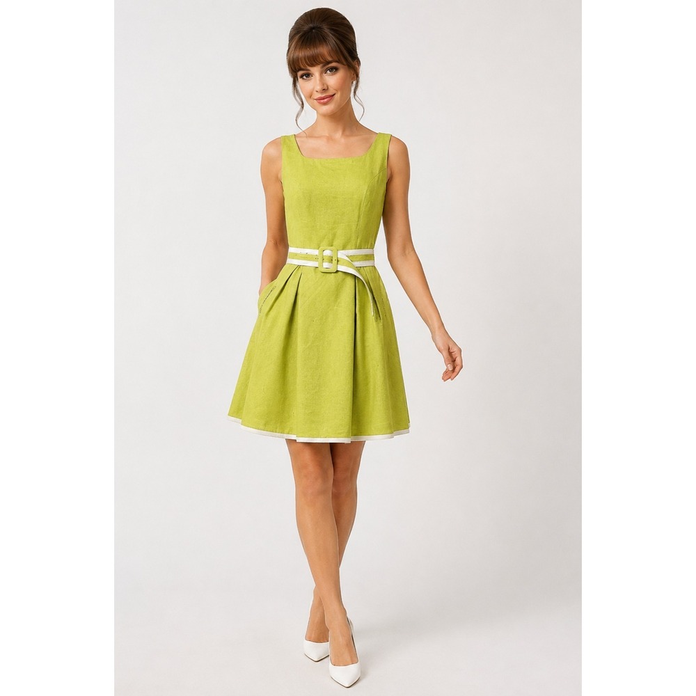 Talbots Summer Kentucky Derby Dress Womens 4 Green White Linen Lined Belt